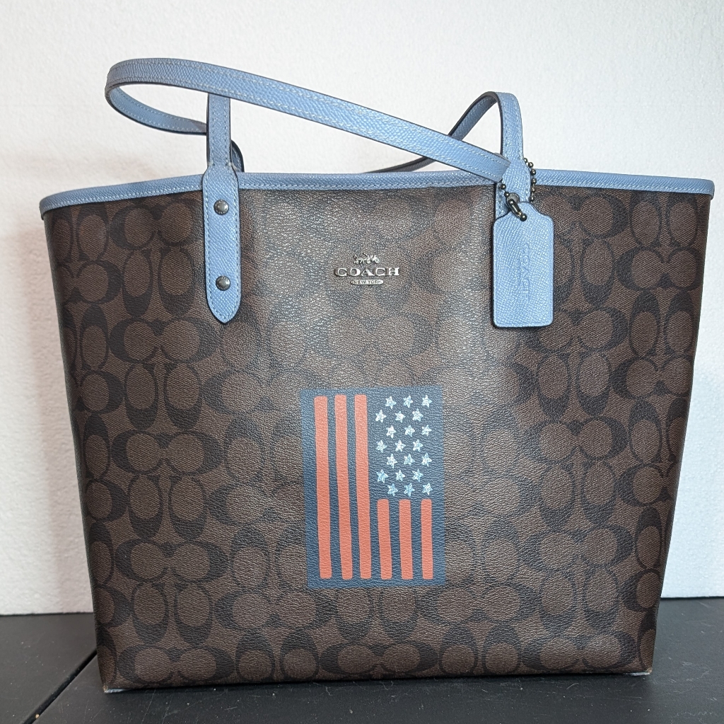 Euc Reversible Coach Brown And Blue Tote Bag - American Flag